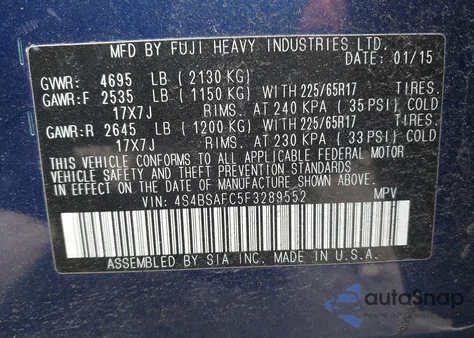 2015 Subaru Outback 2.5I Premium z USA, uszkodzony, nr VIN 4S4BSAFC5F3289552